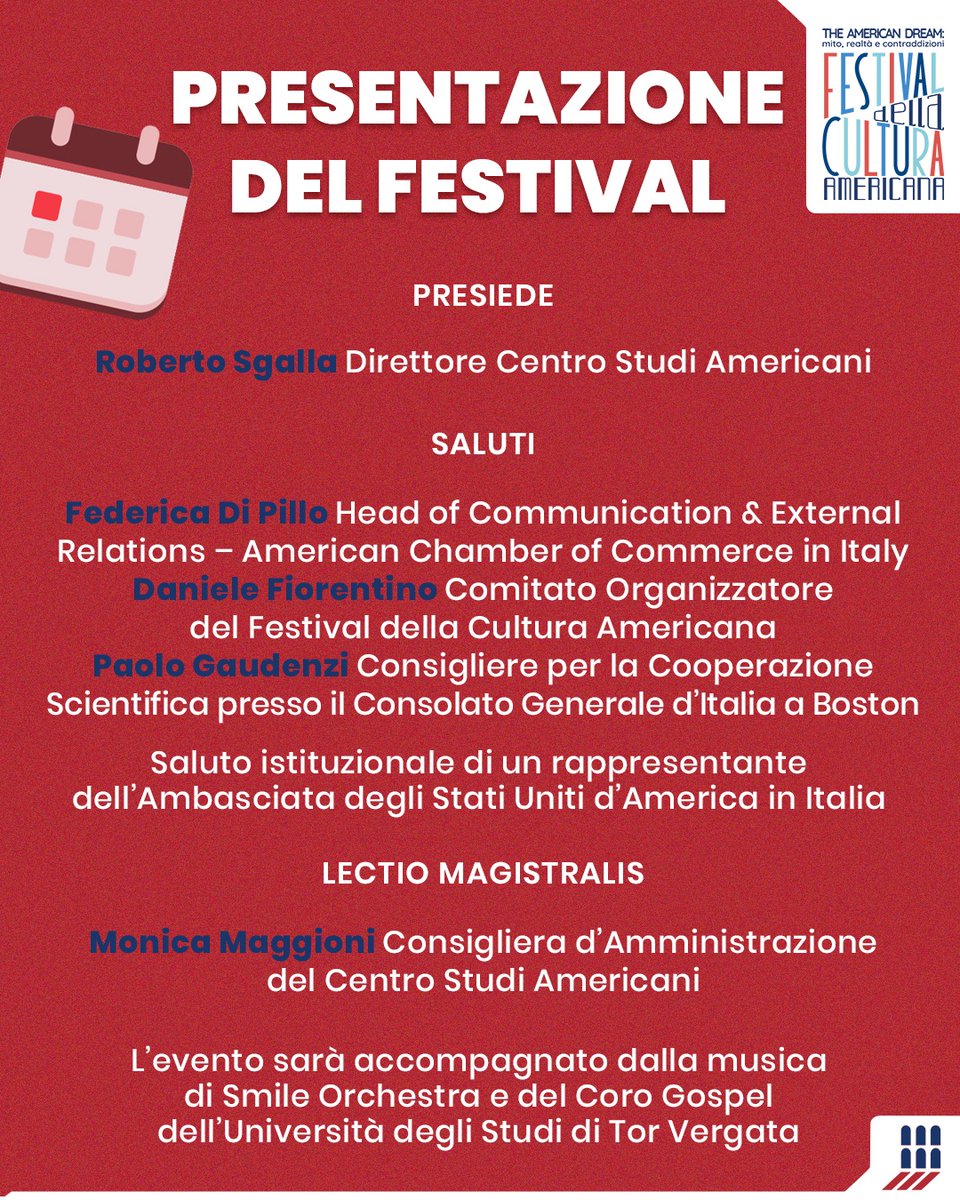 Inaugurazione Festival Cultura Americana (13 Nov, 18:00): Focus su "The American Dream: Mito, realtà e contraddizioni". 
Dibattiti e Lectio Magistralis di Monica Maggioni.

Evento gratuito - accredito obbligatorio QUI centrostudiamericani.org/festival-della… 
#5novembre