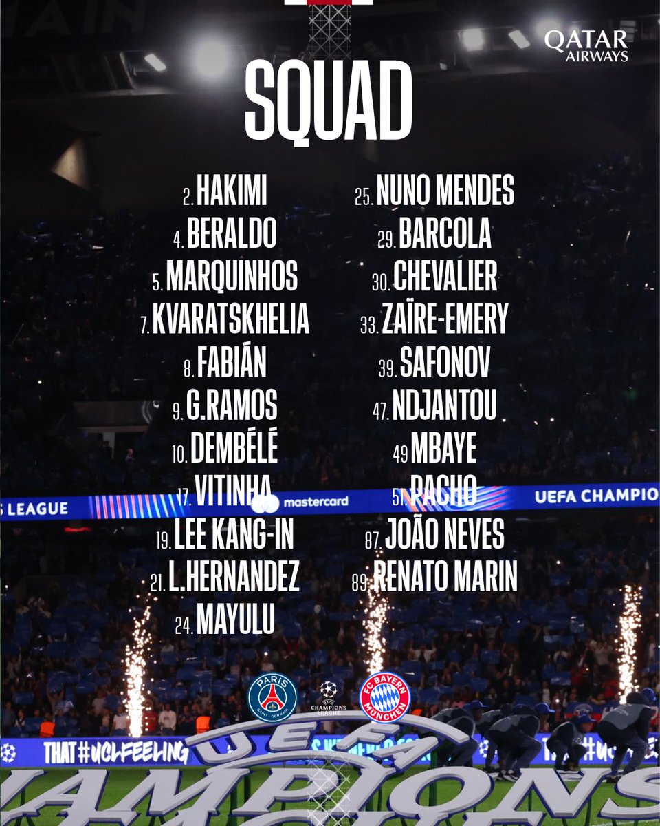 🚨 𝗡𝗘𝗪: PSG squad list vs Bayern Munich!