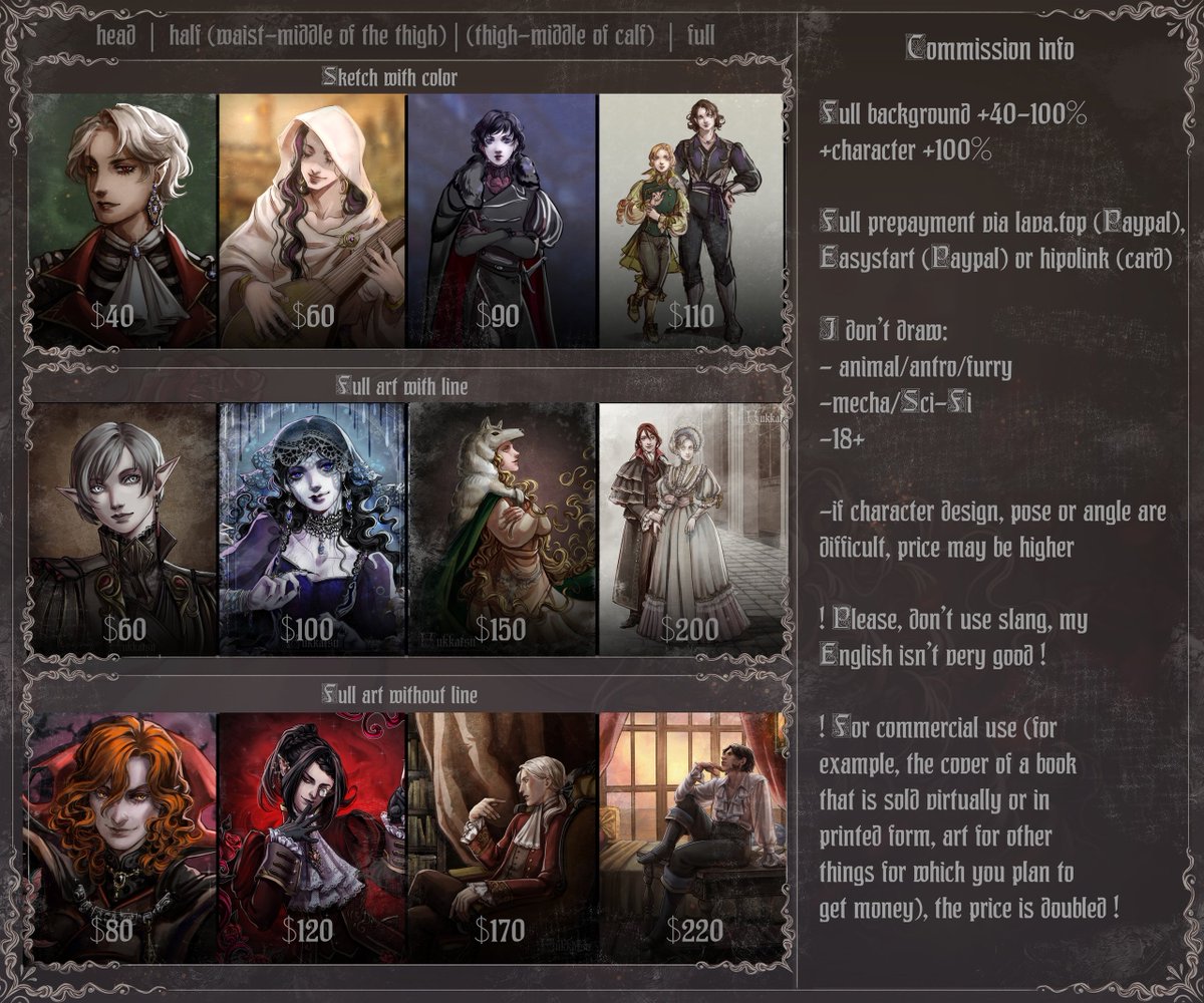 Hello, my dears!    
Open 3 slots for any kind of commissions     
Deadline is 1 month     
Prepayment: Lava top (PayPal), Easystart (PayPal), Hipolink and Boosty (paypal virtual card)     
Contact me: DM