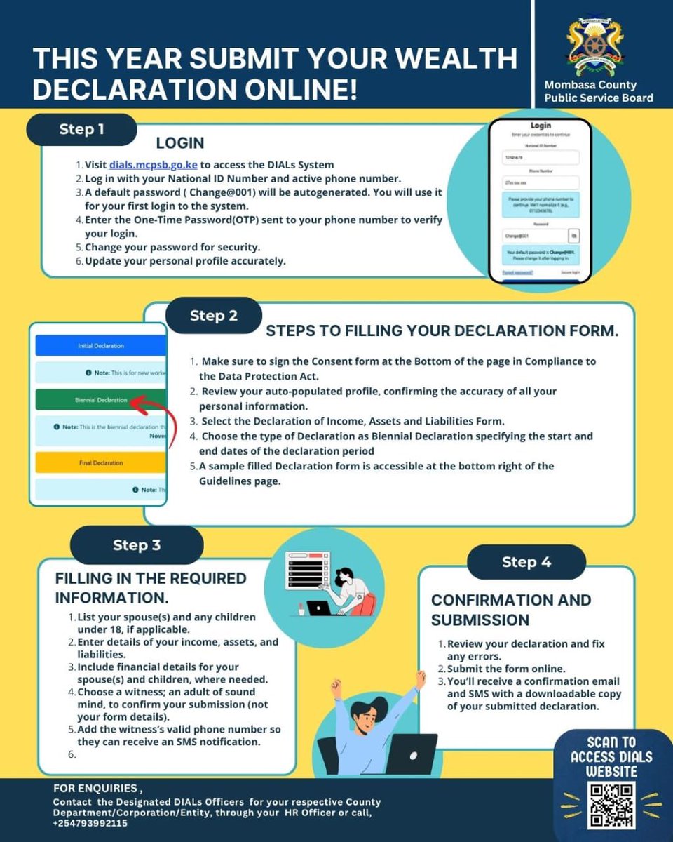 Wealth Declaration is now online!
Declaration period: 1st November to 31st December 
Access the DIALs system via  dials.mcpsb.go.ke

Stay compliant. Stay transparent