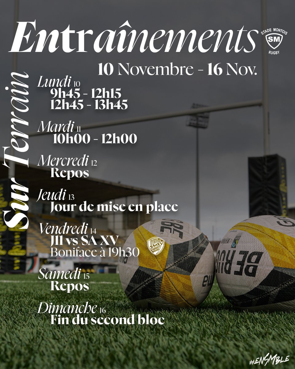 🏟 Planning des entraînements sur terrain ouverts au public cette semaine ! Rendez-vous vendredi pour notre match Movember 🆚 <a href="/SAXV_Charente/">SA XV Charente Rugby</a> !

📅 Vendredi 14 Novembre à 19h30
🎟 Des places à partir de 5€ (billetterie en bio).

#enSMble