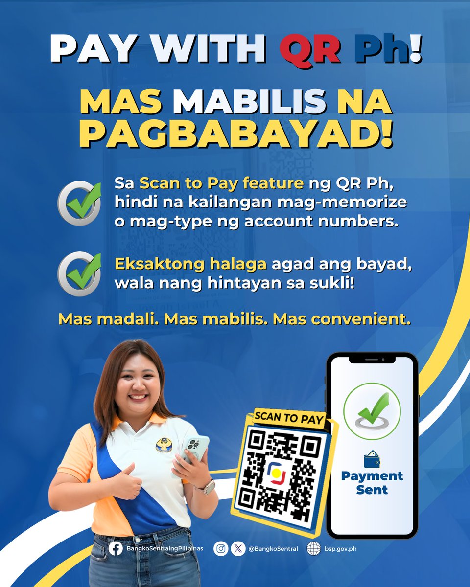 BangkoSentral's tweet image. Pay with QR Ph na! Ang mas wais at mas praktikal na paraan ng pagbabayad.

I-share na sa mga kaibigan ninyo! Basahin ang FAQs tungkol sa QR Ph: bit.ly/P2MQRPh

Panoorin: bit.ly/QRPhvideo

#BSP #PayWithQRPh #Digitalization