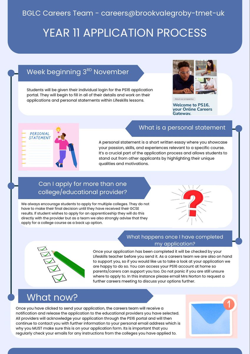 📖 Year 11 Application Process Information 📖
Please find information on the application process that will be beginning this term for our year 11 students. 
If you require more information please contact Mrs Norton our Assistant Careers Lead snorton@brookvalegroby-tmet.uk