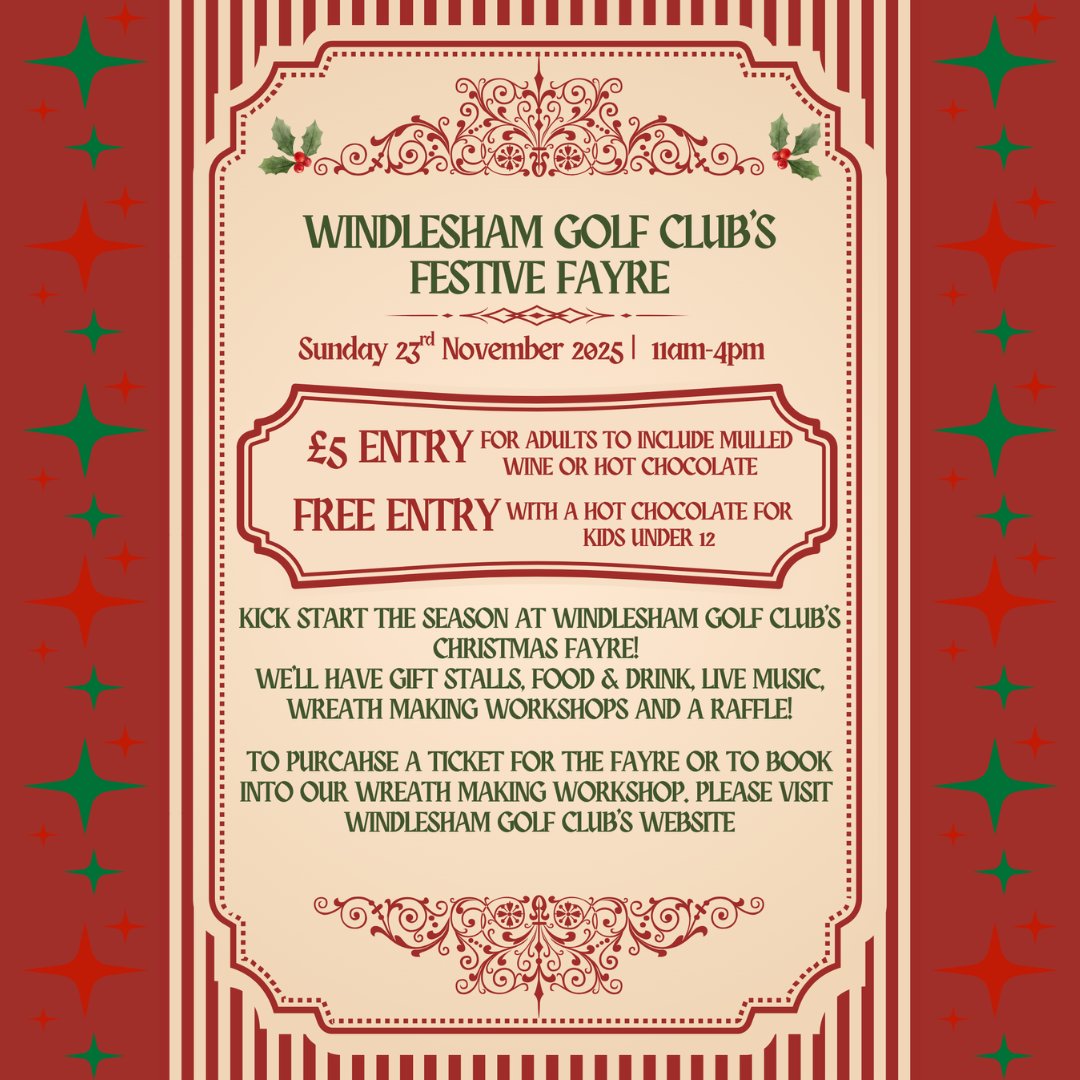🎄✨ Only 18 Days to Go ✨🎄

Get ready for some festive fun — our Christmas Fayre is just around the corner! 🎅🎁

📅 Date: 23rd November
🕒 Time: 11am-4pm
📍 Location: Windlesham Golf Club

Secure tickets through this link - windleshamgolf.com/christmas-fayr…

#christmasfayre  #windlesham