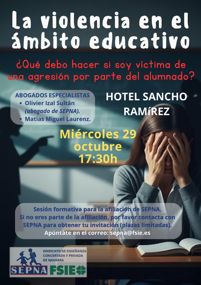 El pasado miércoles 29 de octubre desde SEPNA FSIE organizamos una sesión formativa sobre la convivencia en los centros educativos impartida por los abogados Olivier Izal Sultán y Matías Miguel Laurenz

#sepnafsie
#enseñanzaconcertadadenavarra
#enseñanzaconcertada
#fsie