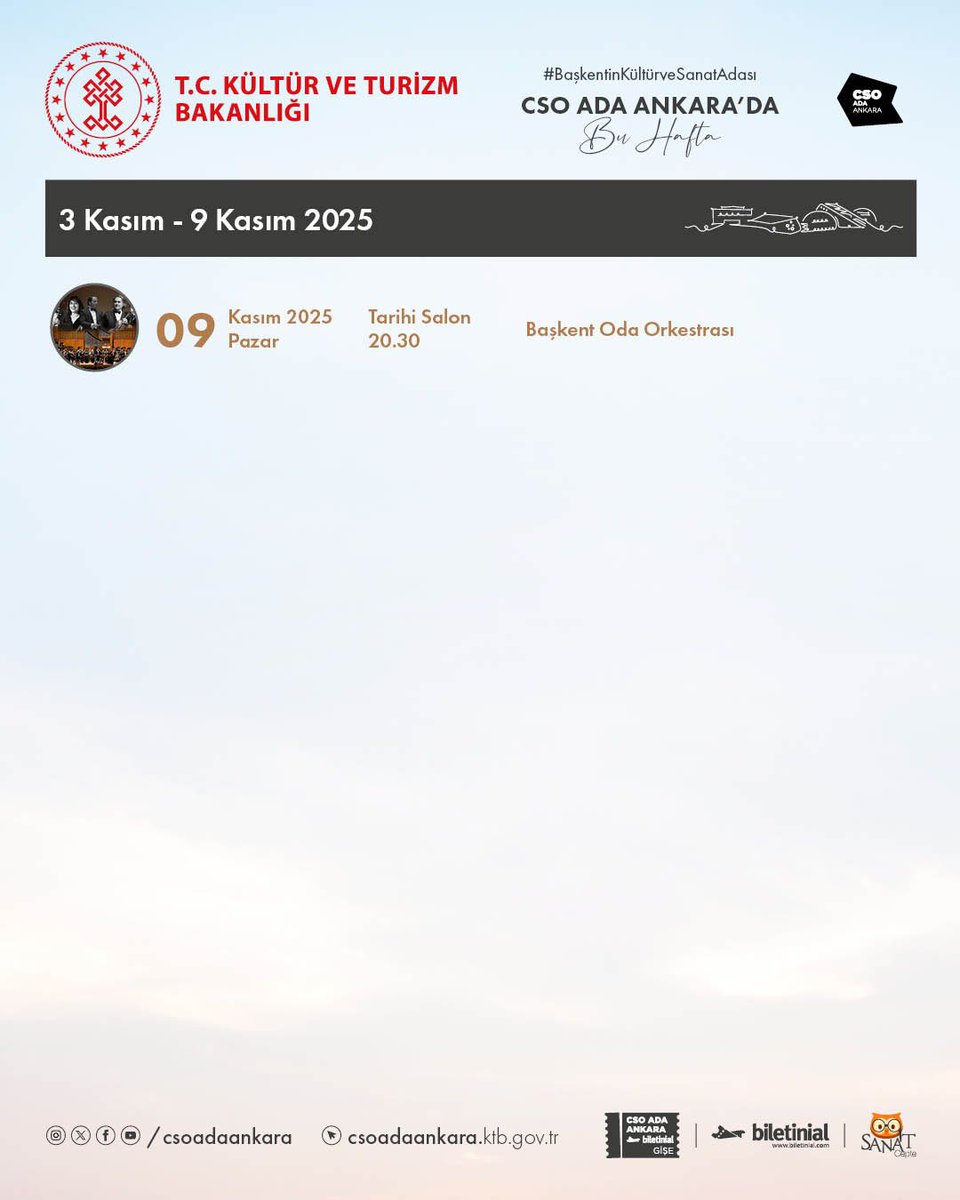 CSO Ada Ankara’da bu hafta neler var? 

🗓 3-9 Kasım

 🎫Biletler: CSO Ada Ankara Biletinial Gişe, <a href="/biletinial/">Biletinial</a> , <a href="/sanatcepte/">SanatCepte</a>

#CSOAdaAnkara #HaftalıkTakvim
