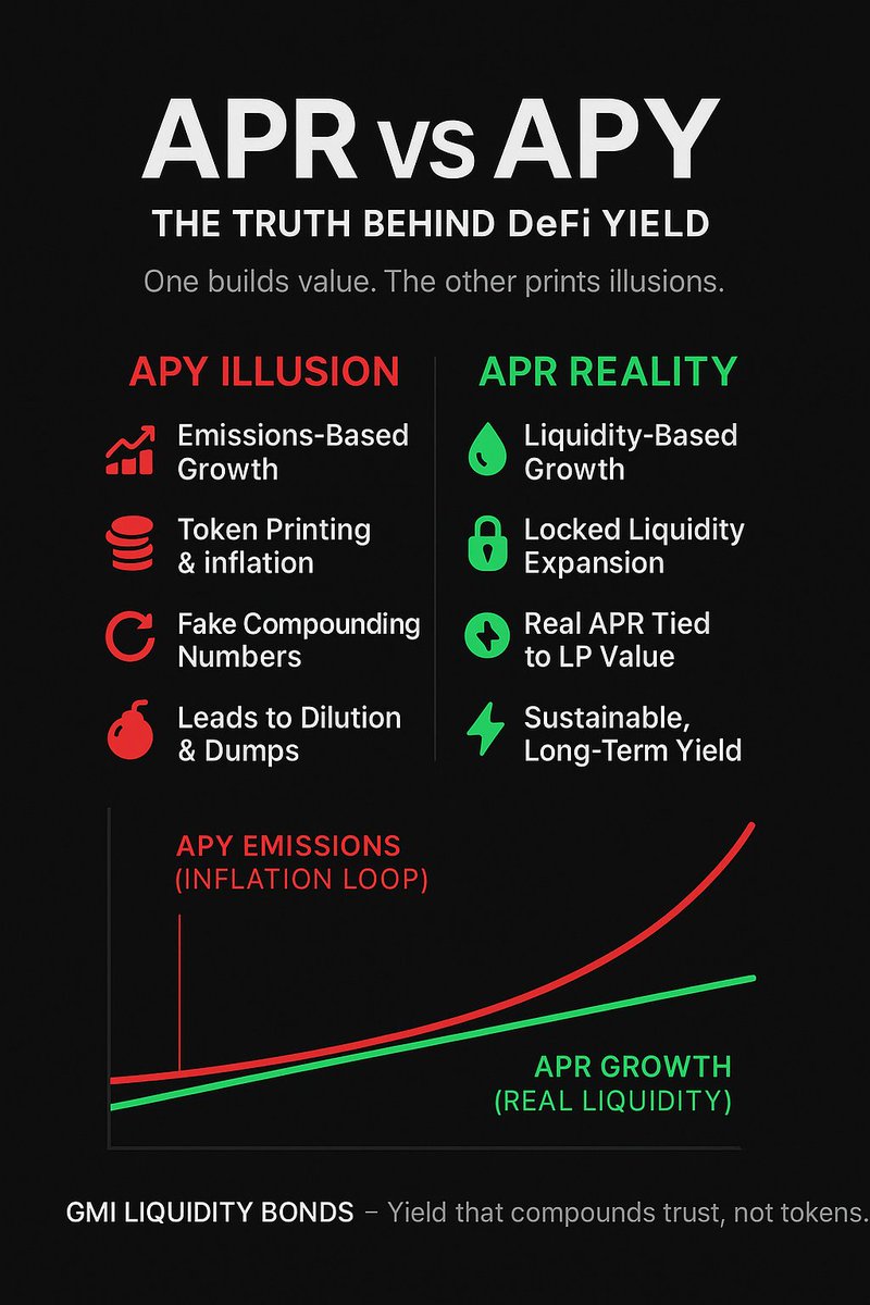 GonnaMakeItNFTs's tweet image. APY numbers look exciting - until you understand where they come from.

In most of DeFi, “yield” isn’t real.
It’s token emissions… feeding sell pressure… inflating supply… and leaving liquidity shallower than before.

That’s why GMI Liquidity Bonds don’t chase APY.
They build…
