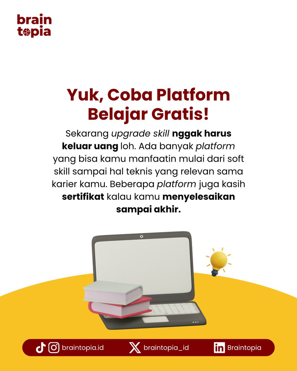 braintopia_id's tweet photo. Pengen upgrade skill tanpa keluar biaya &amp; dengan waktu fleksibel?
Tenang, ada banyak cara buat leveling up tanpa dompet tipis! 💪
Yuk cek caranya di slide! 👇
#career #selfimprovement #firstjobber #productivity https://t.co/7ZLNqPefl7