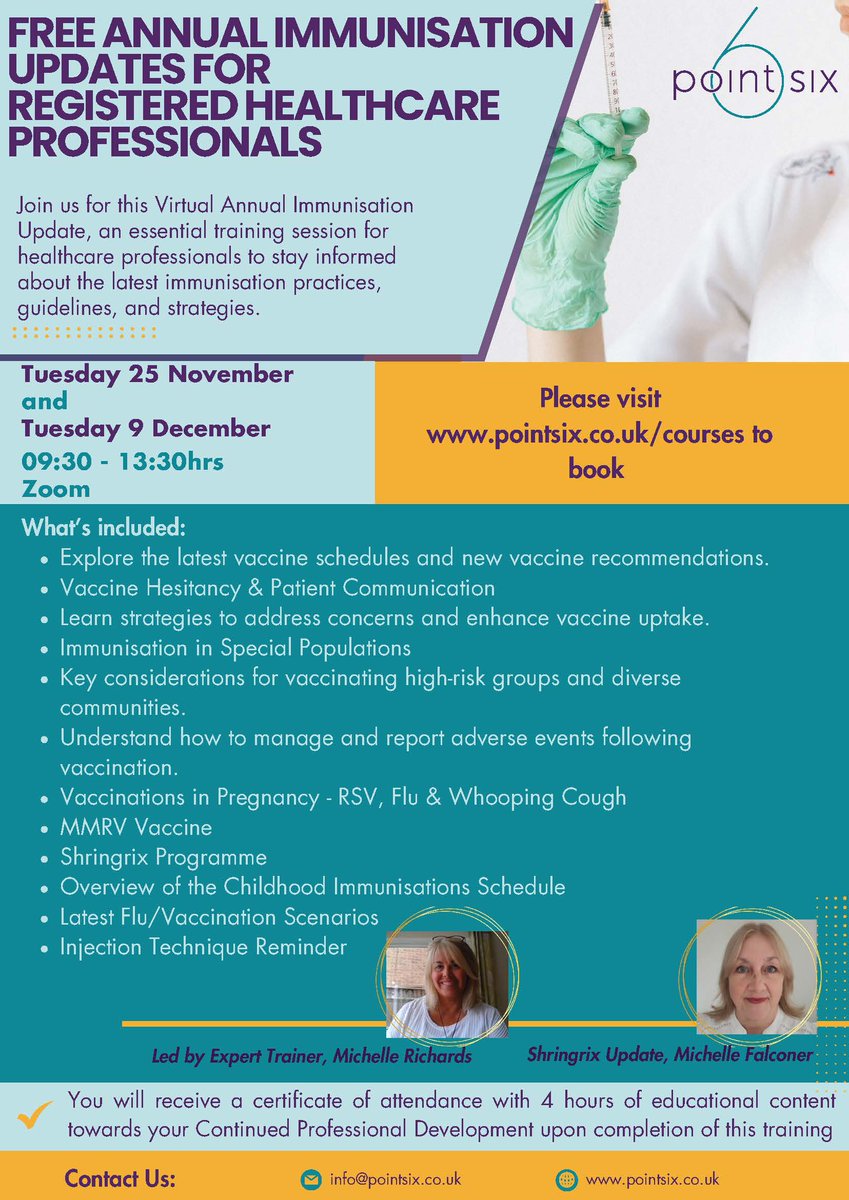 #HCPs need support or a refresh on annual immunisation updates in #primarycare? Our educational partner <a href="/Pointsixt/">PointSixTraining</a> is running two webinars as below, book now for FREE at pointsix.co.uk/courses