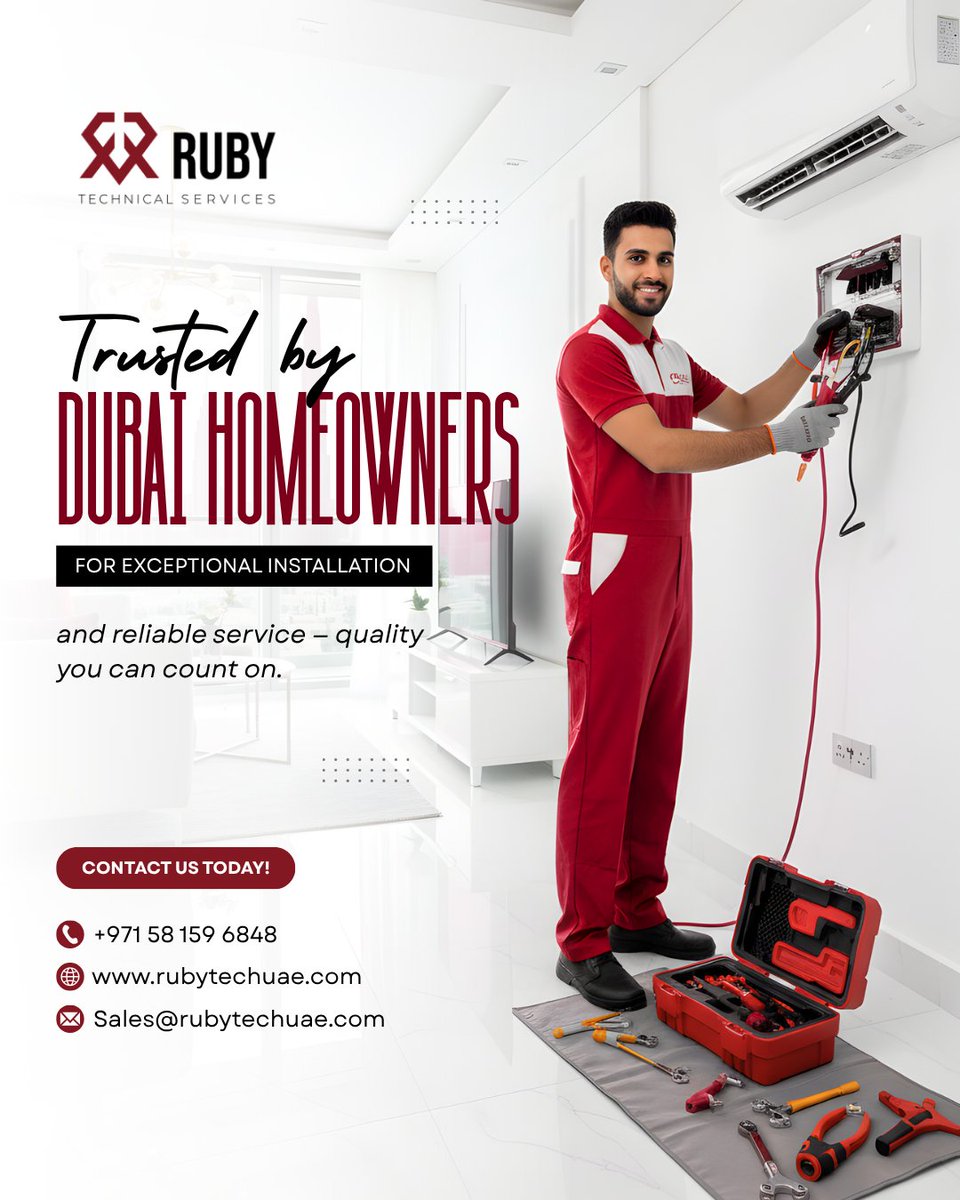 rubytechuae's tweet image. Dubai homeowners trust us for quality installation &amp;amp; reliable service! 🏠
Choose Ruby Technical Services — where excellence meets reliability.

📞 +971 58 159 6848 
🌐 rubytechuae.com

#RubyTechUAE #ACTechnicians #DubaiMaintenance #TrustedExperts