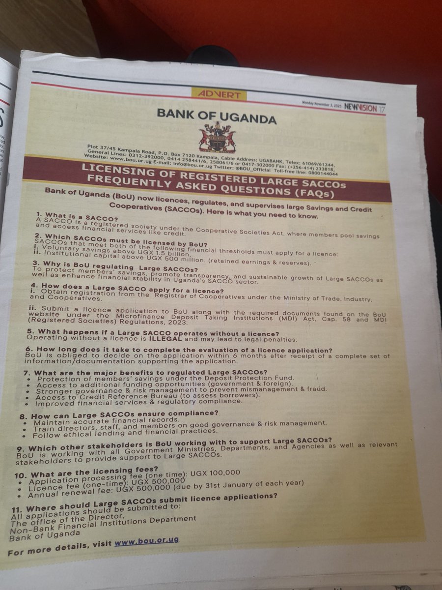 There's some public confusion being caused by today's New Vision headline regarding registration of SACCOs with Bank of Uganda.

The requirement only applies to "large SACCOs" with voluntary savings above UGX 1.5bn &amp; capital above UGX 500 million.

#Savings #regulation #finance