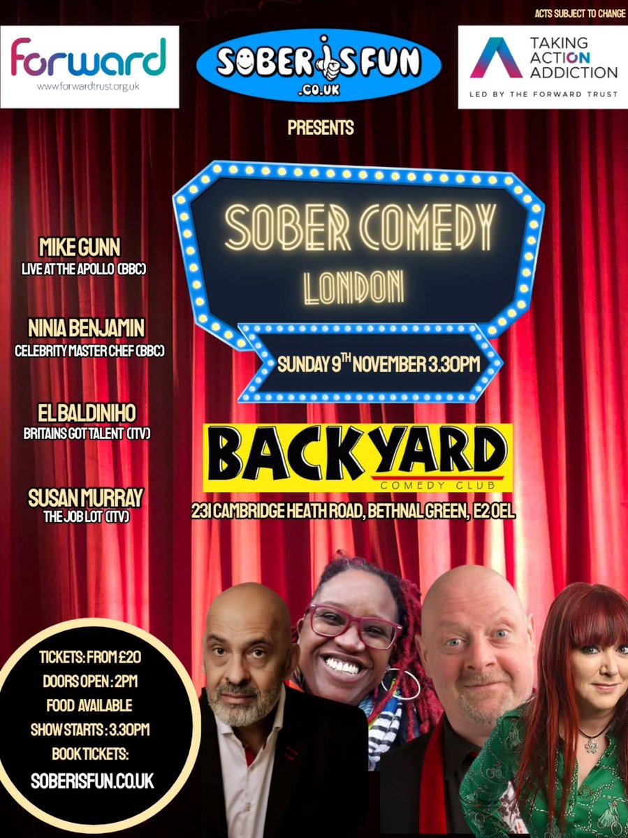 PerfRecovery's tweet image. This Sunday is the brilliant @fun_sober at Backyard Comedy Club in Bethnal Green, East London. 

designmynight.com/london/bars/be…

Raising funds for @ForwardTrust, the UK&apos;s sober comedy club&apos;s founder Martyn Davies talks to @ClowesLeon  in our latest magazine:

recovery-arts.org/pr-magazine/62…
