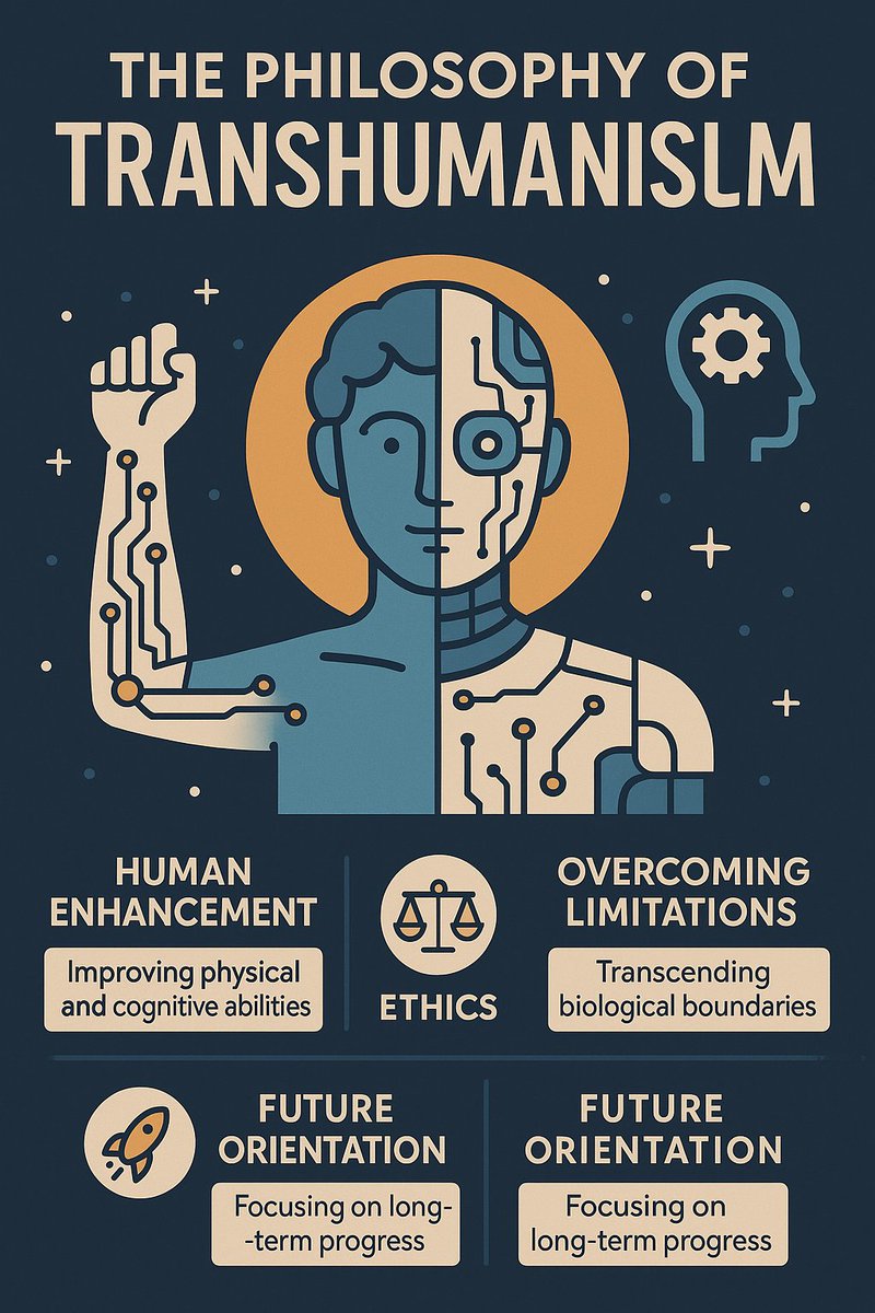 Alchetron's tweet image. Transhumanism explores humanity’s next leap where biology meets technology. From enhancing our minds and bodies to transcending natural limits, it’s a philosophy of evolution through innovation.   #transhumanism #futureofhumanity #philosophy #futurism #innovation #alchetron