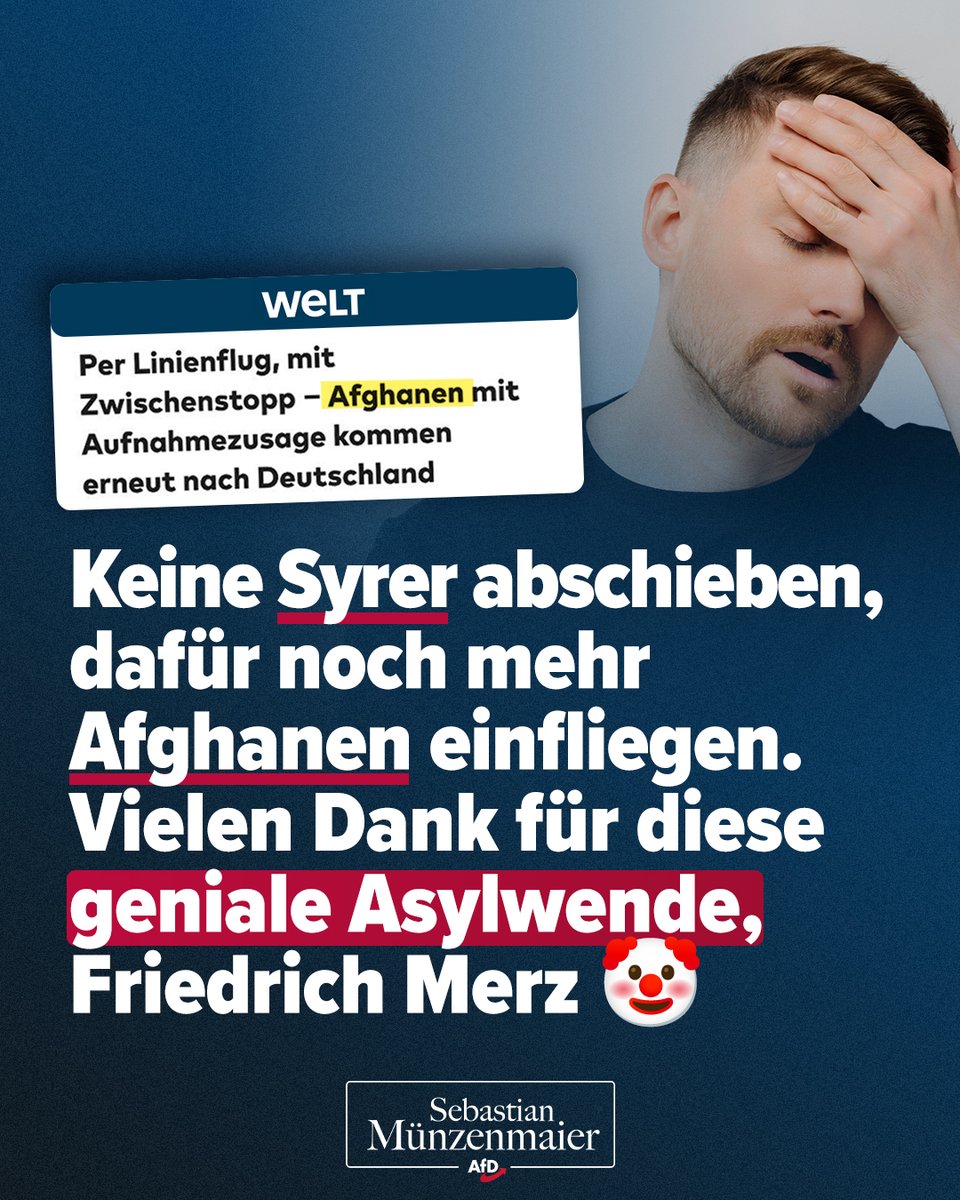 Wahnsinn: Allein 2025 stellten 20.000 Syrer und über 40.000 Afghanen Asylantrag in Deutschland. Letztere werden noch immer auf Steuerzahler-Kosten ins Land geflogen. 

Die angebliche Migrationswende wird als größte CDU-Wahlkampf-Lüge in die Geschichte eingehen. 

TM