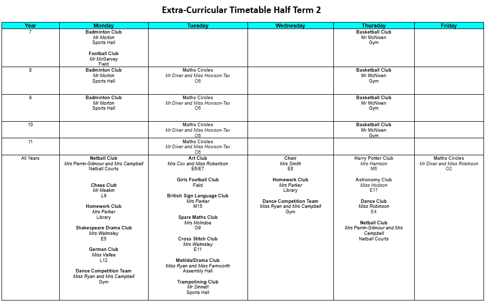 Extra Curricular Timetable: Half Term 2 has been shared with families yesterday. See it here: