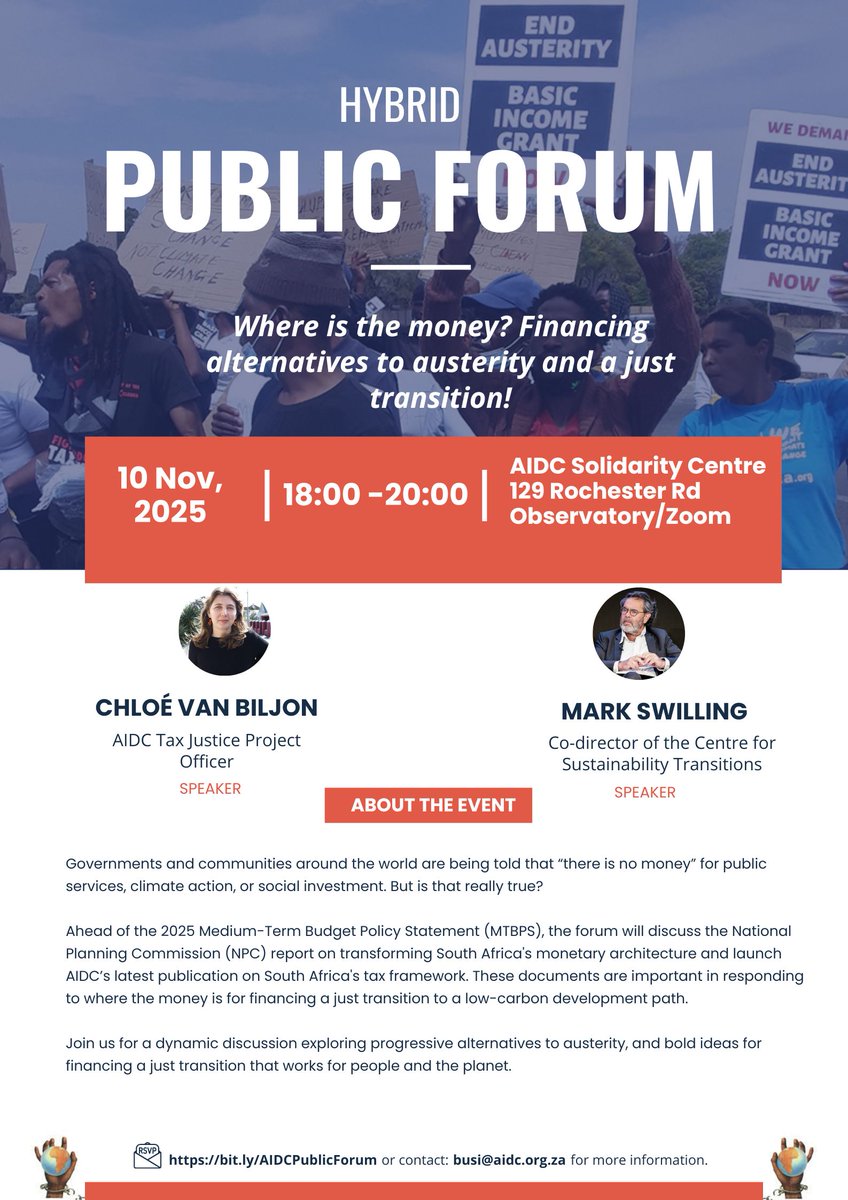 🇿🇦𝗣𝘂𝗯𝗹𝗶𝗰 𝗙𝗼𝗿𝘂𝗺: Join us on Monday, 10 Nov 2025, at 6 PM to explore how South Africa can finance a just transition to a low-carbon development path. We will discuss the National Planning Commission (NPC) report on transforming the country’s monetary architecture and