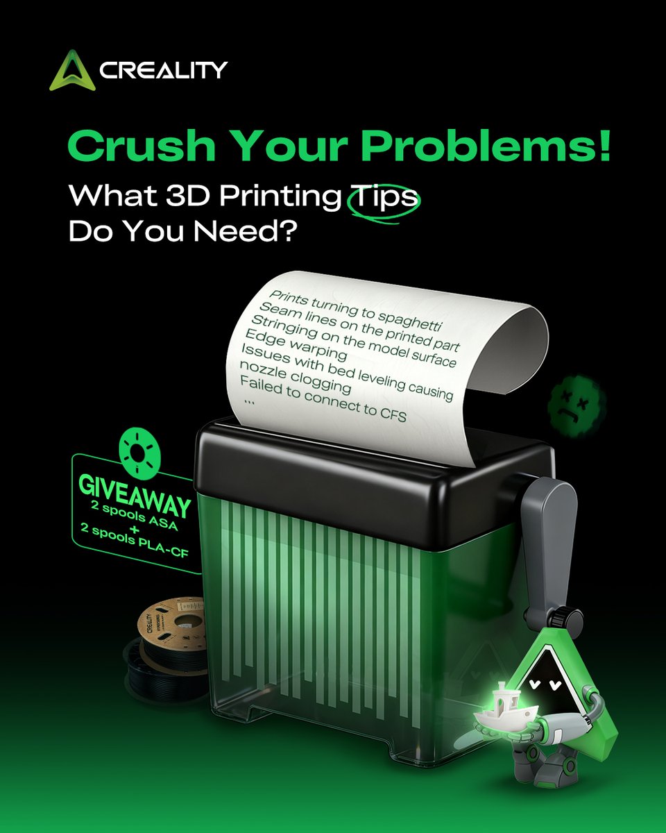 Creality3dP's tweet photo. 💥 Still stressed about 3D printing fails? This time, we’re here to crush your problems!

Got any 3D printing tips you’re dying to know? Drop them in the comments—we’ll roll out tutorials to solve those issues!

1. Follow us 
2. Like & Repost this post 
3. Comment below

We’ll randomly select 3 winners from all official social platforms on Nov 19. Each winner gets 2 spools of ASA + 2 spools of PLA-CF!