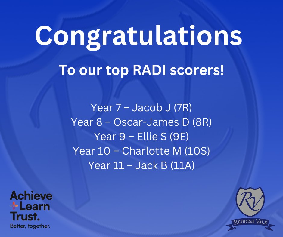 Congratulations to last week's top RADI scorers and to the 2 pupils who achieved the Gold RADI Award, the 81 pupils who achieved the Silver RADI Award and the 55 pupils who achieved the Bronze RADI award!