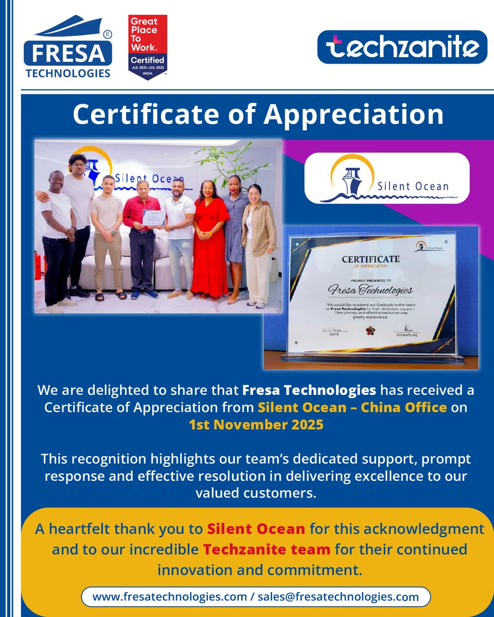 Proud Moment!

Fresa Technologies has received a Certificate of Appreciation from Silent Ocean – China Office for our dedicated support &amp; prompt solutions.

🔗 fresatechnologies.com/awards/

#FresaTechnologies #Techzanite #Recognition #LogisticsSoftware #Award