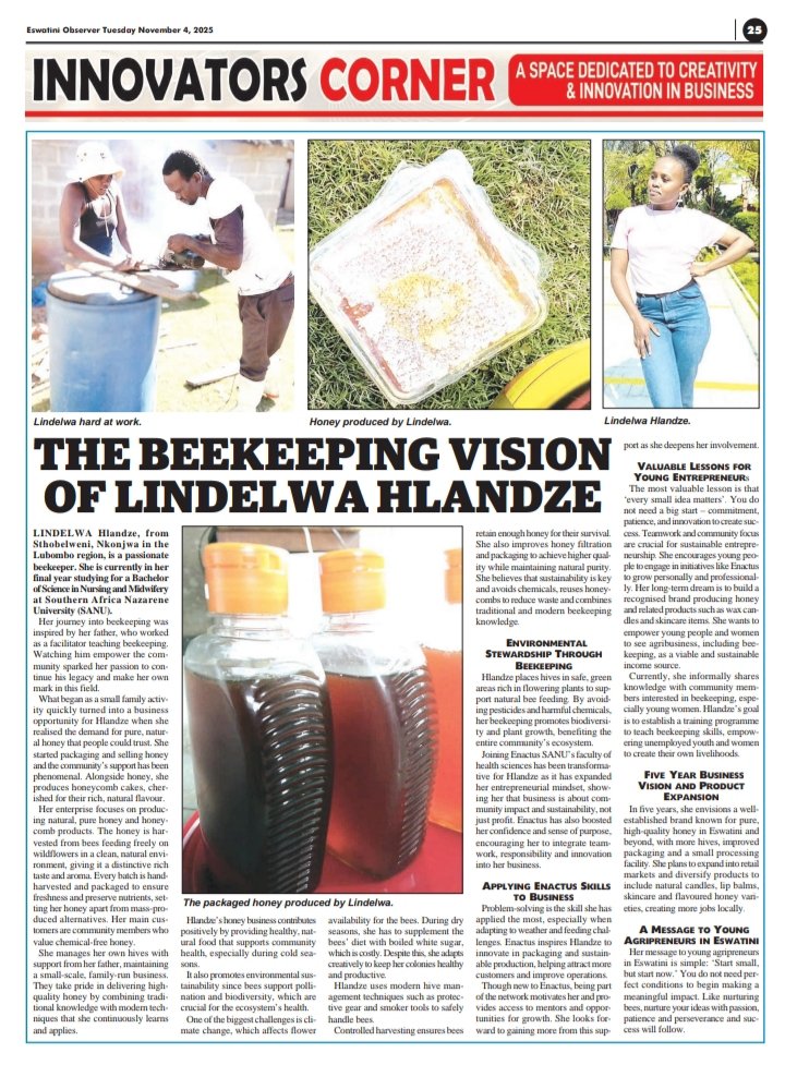 💡 This week’s #InnovatorsCorner features:
💅 Tema Hlophe – redefining beauty &amp; confidence
🍴 Mfana “The Cook” – turning passion into enterprise
🍯 Lindelwa Hlandze – driving sustainability through beekeeping.
Powered by Eswatini Observer
#YouthInBusiness