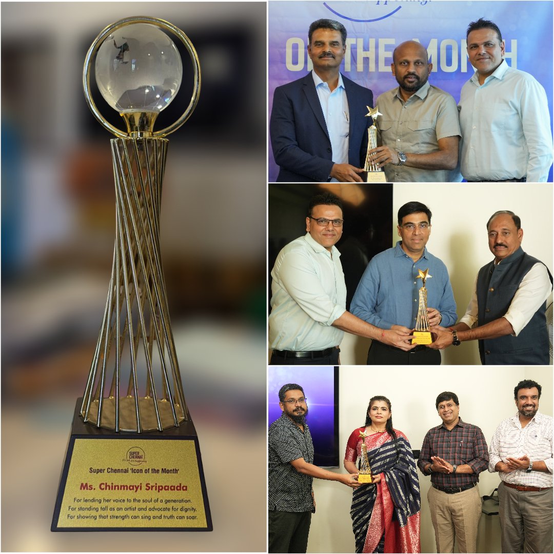 Meraki_Merch's tweet photo. We’re proud to craft the exclusive “Super Chennai – Icon of the Month” trophies for Ms.@Chinmayi, Mr.@vishy64theking &amp; Mr. Dr S Chandrakumar.
At Meraki, we design custom trophies and corporate gifts that celebrate excellence.

📩 Contact us to personalize your corporate awards https://t.co/IXdIPmkqII