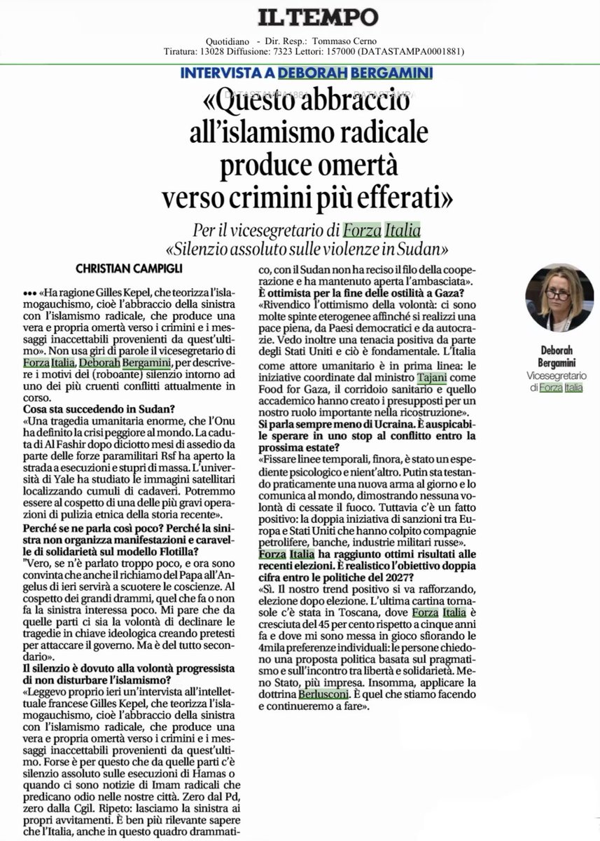 🌍 Ieri intervista su <a href="/tempoweb/">IL TEMPO</a>: silenzio su violenze in Sudan, Kepel su “islamogauchismo”: omertà sinistra su crimini islamisti. Italia aperta con ambasciata.

#ForzaItalia #Bergamini #Sudan #PPE #PianoMattei <a href="/forza_italia/">Forza Italia</a>