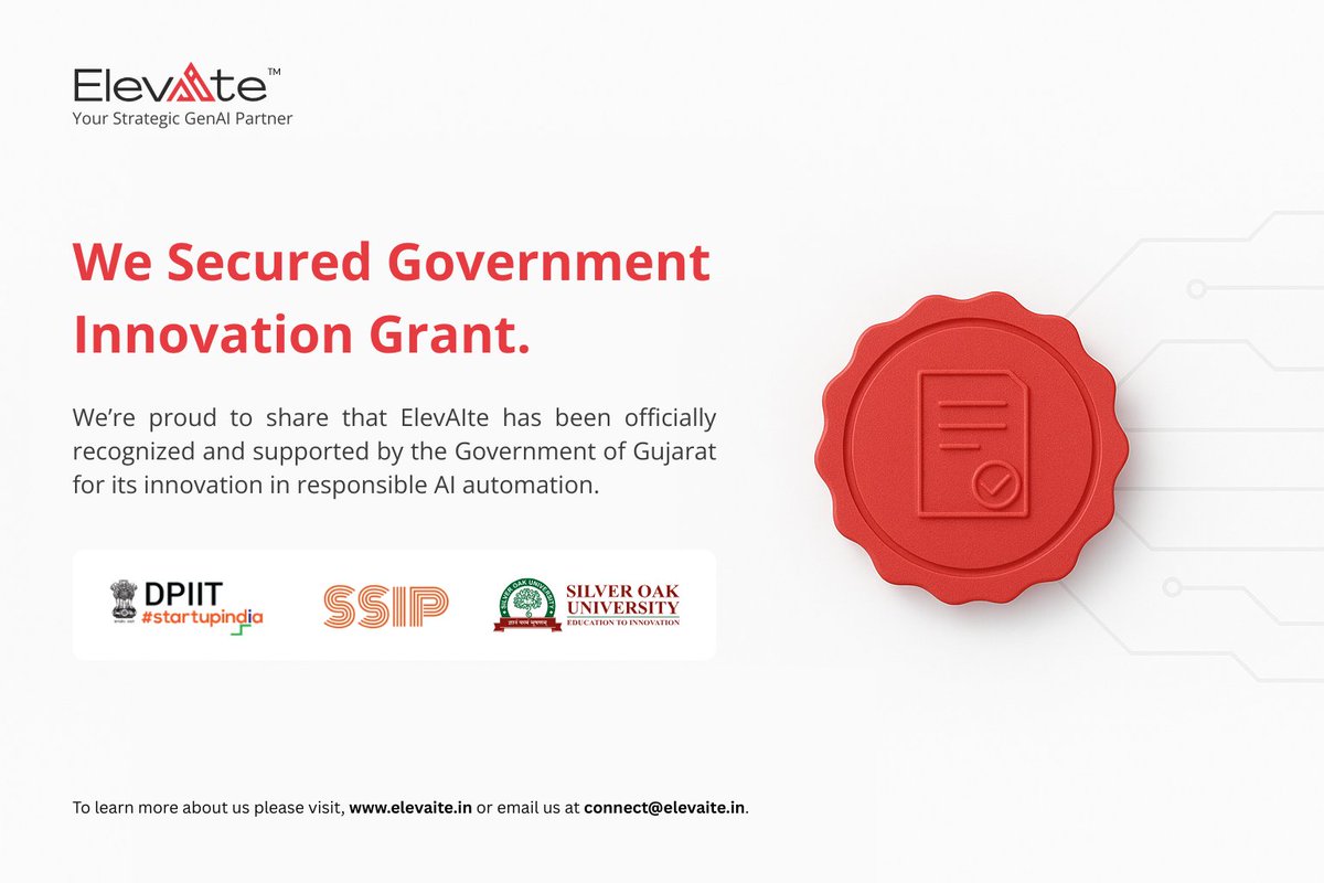 ElevAIte_here's tweet image. Excited to share a new chapter in ElevAIte’s growth! 🚀

Our innovation in responsible AI automation is now officially recognized through the Ignite Incubation Center, Govt. of Gujarat.

#Elevaite #AI #Innovation #Automation #Growth #ignite #StartupIndia