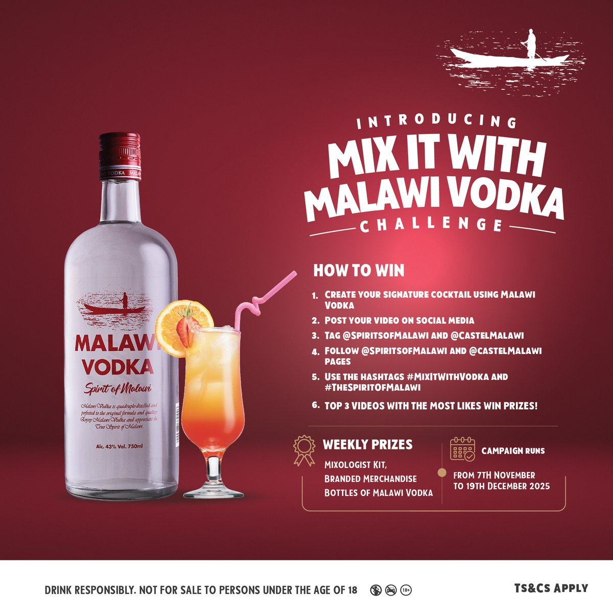 Think you’ve got the best mix in town? 🍹

Show us your creativity in the #MixItWithVodka Challenge and win big with Malawi Vodka! 🥂

🎁 Prizes include: bottles of Malawi Vodka, branded merch &amp; a mixologist kit!

Campaign runs from 7 November to 19 December 2025.