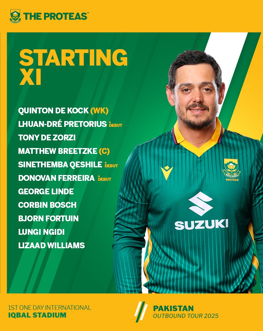 ProteasMenCSA's tweet image. Toss Update 🪙

🇵🇰 Pakistan have won the toss and elected to Bowl first.

A special day for Lhuan-dré Pretorius, Sinethemba Qeshile, and Donovan Ferreira, who are making their ODI debuts for #TheProteas Men. 💚👏

Here’s how we line up for today’s series opener at Iqbal Stadium.…