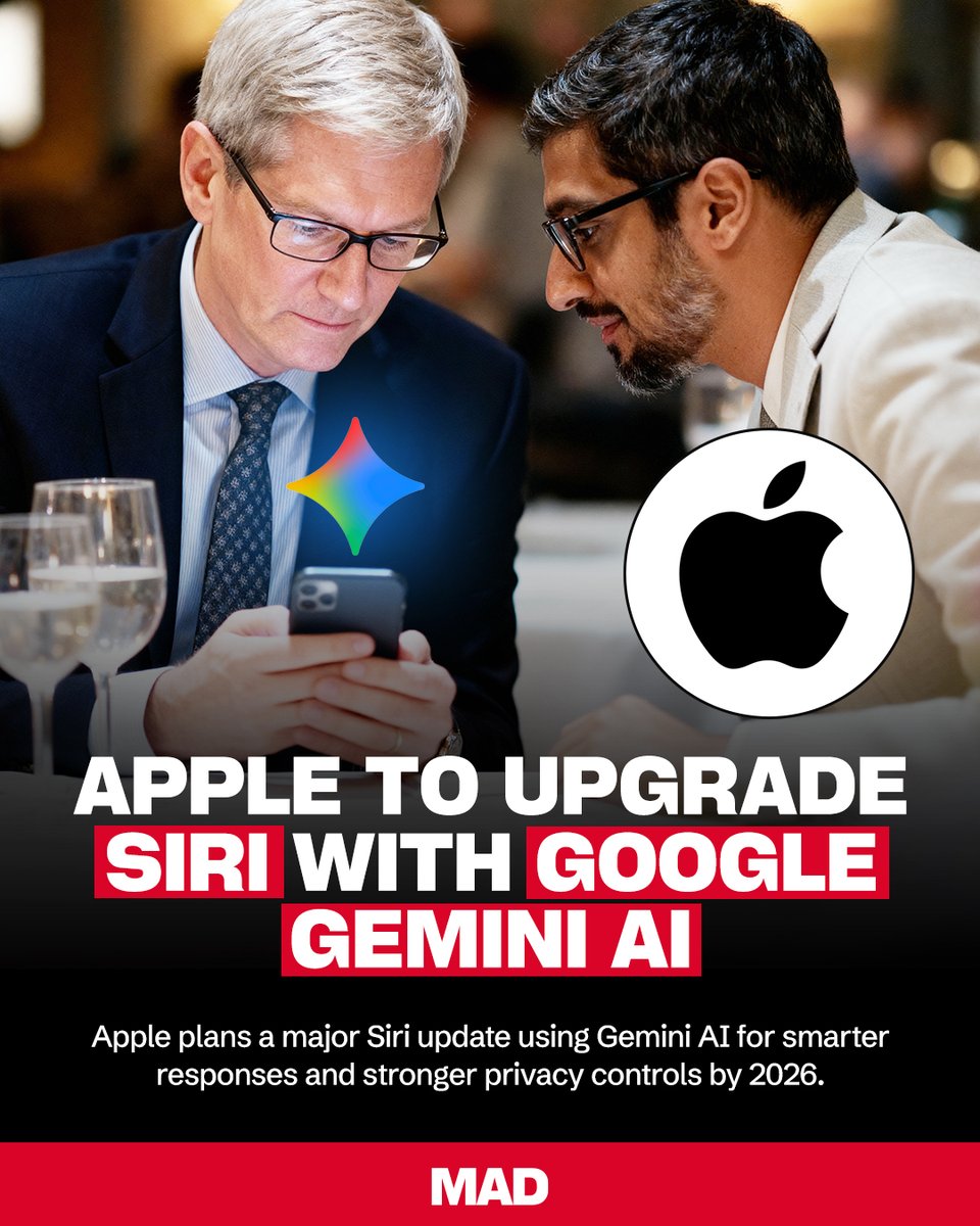 mobileappdaily's tweet image. Apple is giving Siri a major upgrade by using Google's Gemini AI.

This means Siri will soon be smarter, faster, and better at understanding what you need.

#apple #appleandstyle #google #googlegemini #ai #aitools
