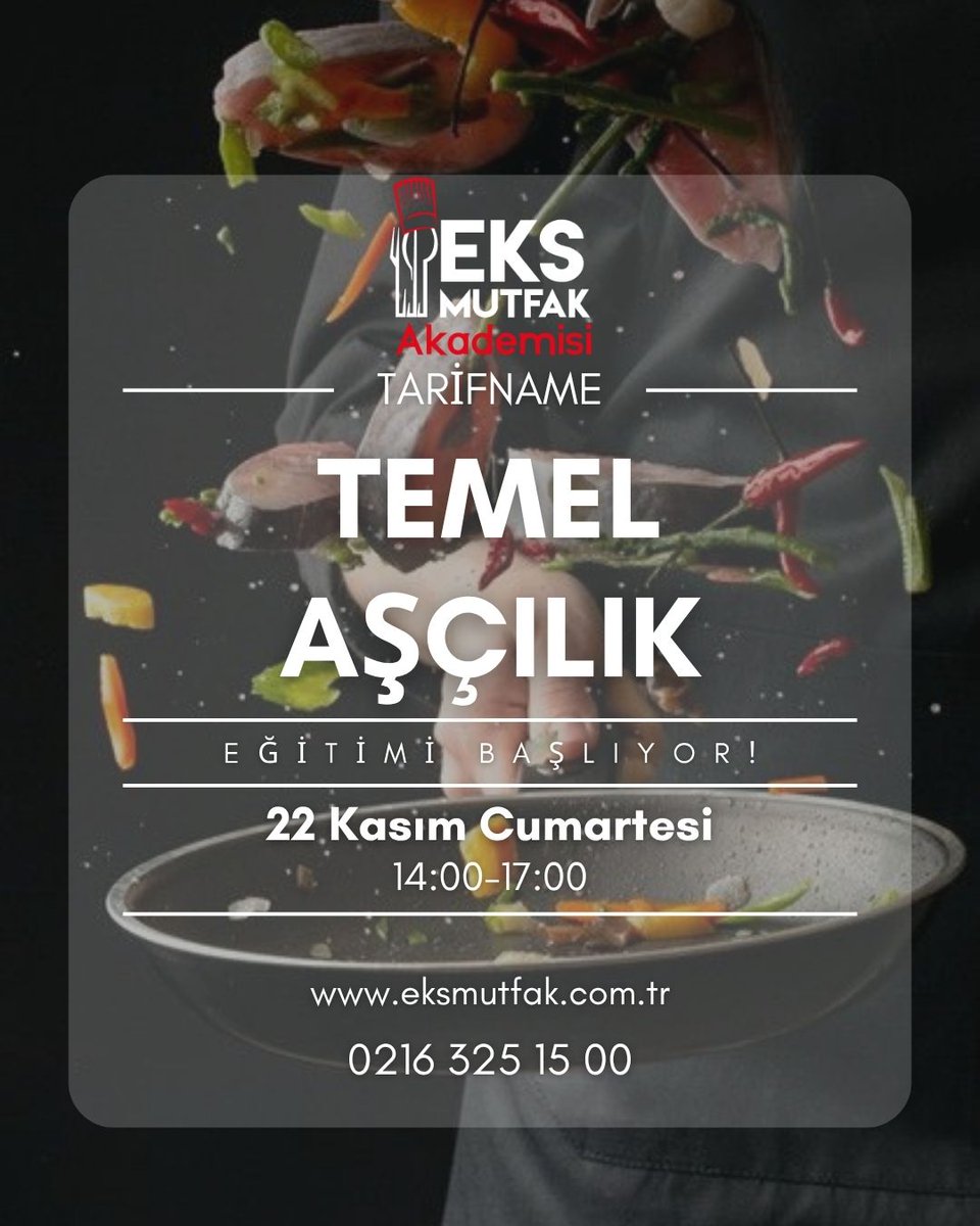 Tarifname Aşçılık Eğitimi ile mutfakta 8 hafta boyunca uzman şeflerden mutfağa dair merak ettiğiniz tüm soruların yanıtlarını alırken, bıçak kullanma ve kesme tekniklerinden başlayarak adım adım kendi mutfağınızda uzmanlaşacaksınız. 22 kasım cumartesi günü 14:00-17:00 saatleri