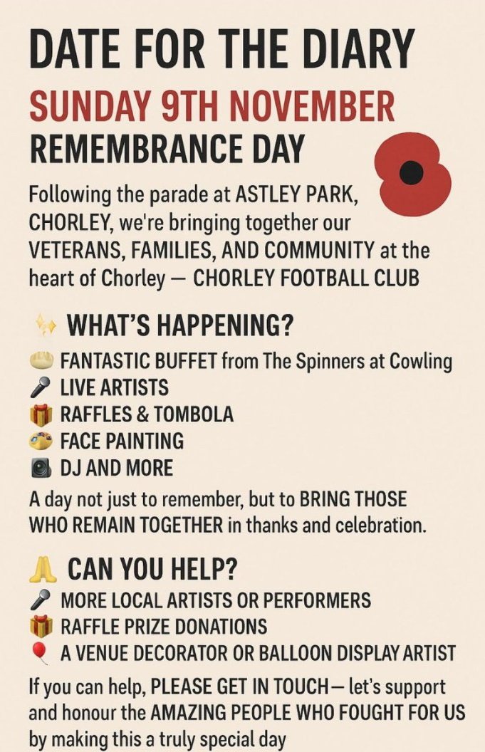 We are glad to help with this fantastic event on Sunday <a href="/chorleyfc/">Chorley FC</a> social club 🇬🇧

We are giving away 2 FREE seats on our nearly sold out Boxing Day away travel🧑‍🎄🚍 

Get down to Victory Park at 1 pm Sunday and buy some raffle tickets to be in with a chance of winning 🖤🤍