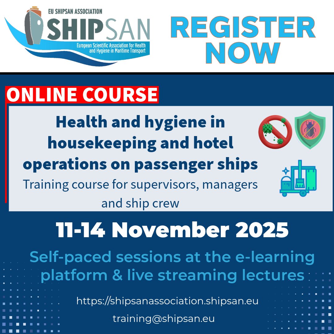 🚨 Last chance to register!

🛳️ SHIPSAN Course: Health &amp; Hygiene in Housekeeping &amp; Hotel Ops on Passenger Ships

📅 11–14 Nov | 💻 Online | ⏳ Closes 6 Nov
🎓 Certification included

👉 forms.med.uth.gr/index.php/8637…

#shipsan #maritimehealth #cleanships #infectioncontrol