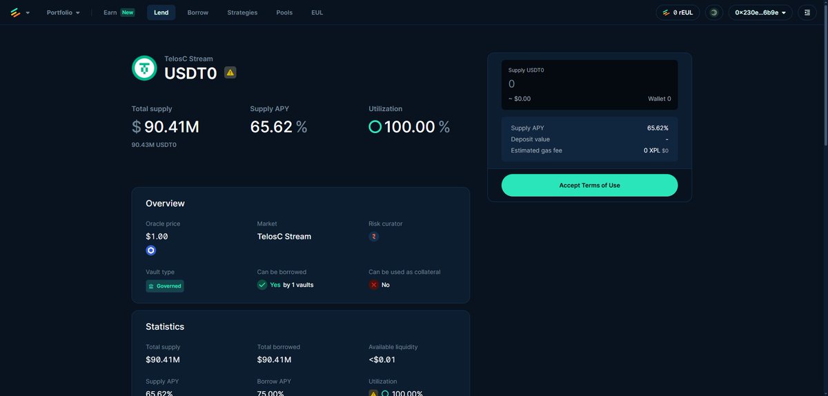 AZKCrypto's tweet image. OOOOOOF. 90M d'USDT0 bloqués pour l'instant sur Euler (Plasma).

Le curateur @TelosConsilium a jugé bon d'uniquement mettre en collatéral QUE du xUSD.

Bravo 👏

changez rien les gars, de toute façon vous risquez pas de pouvoir le faire pour l'instant 😬