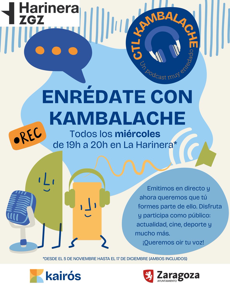 Kambalache vuelve a abrir micros para charlar, reír y compartir en directo con el público.
Música, cine, deporte, actualidad y mucho más.
¿Te vienes a enredarte con nosotros? 💥🎙️

🗓Del 5/11 al 17/12 
🕖Miércoles · 19:00–20:00
zaragoza.es/sede/portal/cu…