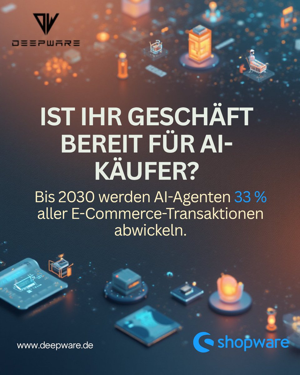 deepwaremunich's tweet photo. Bis 2030 werden über 30 % des E-Commerce von AI-Agenten gesteuert.

Diese Systeme vergleichen Preise &amp; Lieferzeiten in Millisekunden.

Wir bei Deepware machen Shopware-Stores maschinenlesbar  bereit für Agentic Commerce. https://t.co/hewR9DUDib
