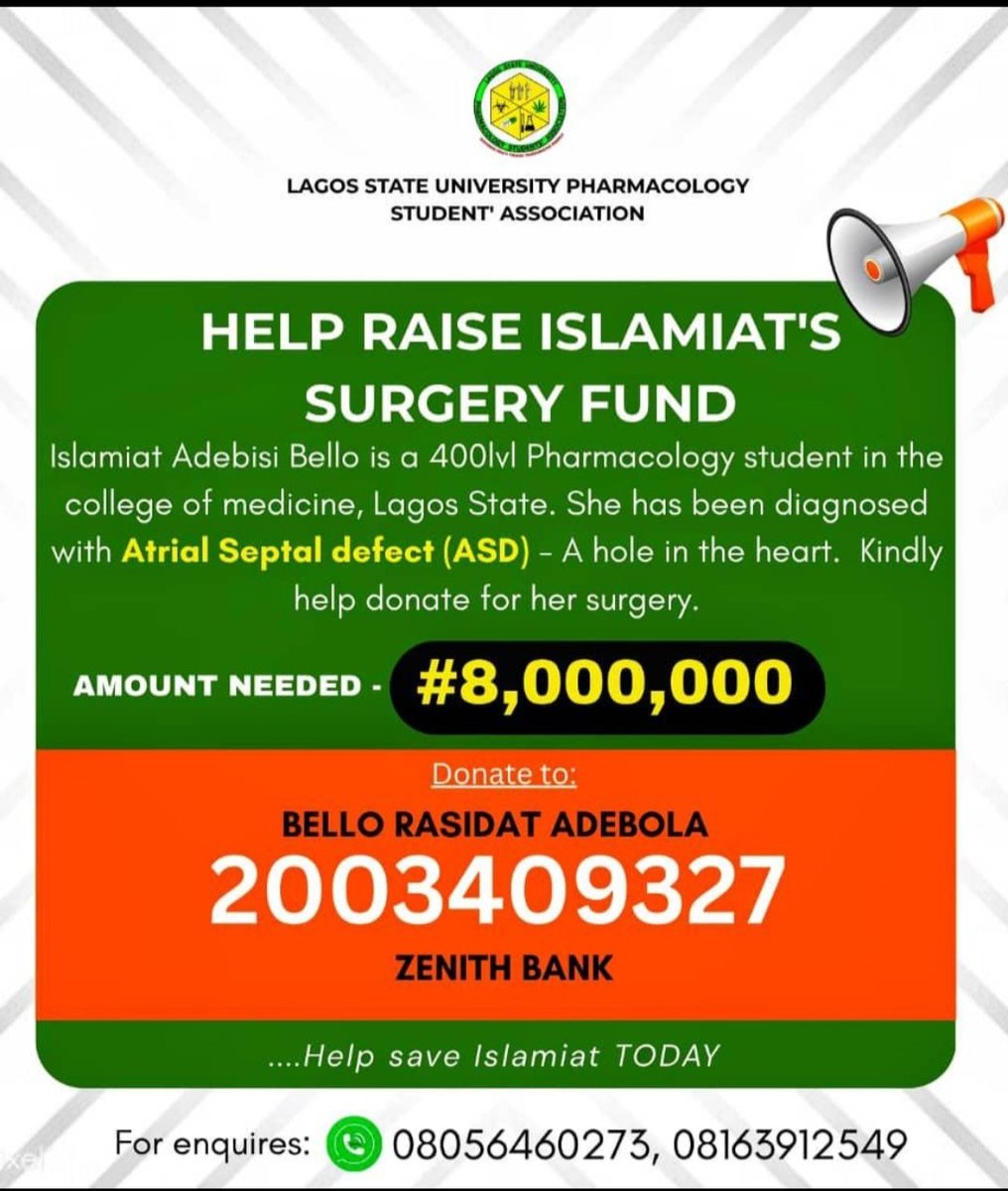 A fellow Pharmacology student needs our help! Islamiyat Bello has been diagnosed with a heart defect (ASD) and urgently needs ₦8,000,000 for surgery
No amount is too small — together, we can save a life.
Account: Bello Rasidat Adebola – 2003409327 (Zenith Bank)