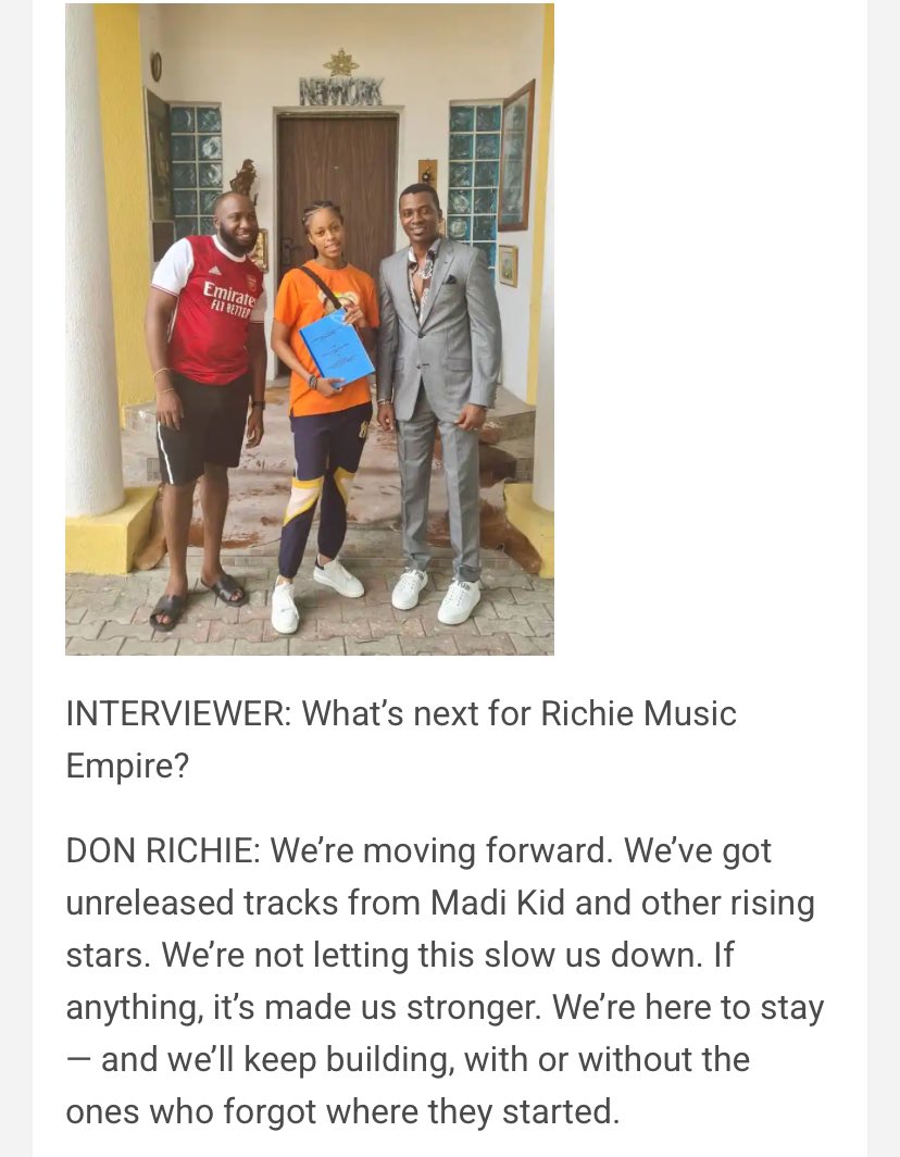 “We Build Dreams, Not Enemies” — Don Richie; #RichieMusicEmpire Executive Speaks on Loyalty, Legal Battles, Future of Richie Music Empire

Read Full Story👇🏼
#MadiKid