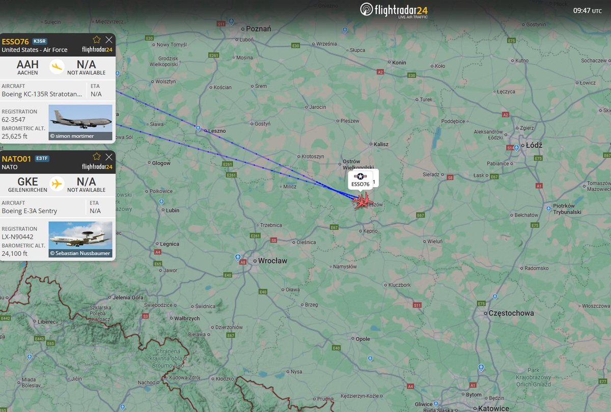 PolishMilRadar's tweet photo. 📅04.11⌚️10:48LT - ✈️⛽️ Tankowanie w strefie TSA26 DORA
W strefie tankowania TSA26 DORA wkrótce rozpocznie się tankowanie w powietrzu z udziałem: ✈️ #NATO01 Boeinga E-3A Sentry #AWACS "LX-N90442" NATO Airborne Early Warning and Control Force (NAEW&CF) oraz ✈️ #ESSO76 Boeinga KC-135R Stratotanker "62-3547" Sił Powietrznych Stanów Zjednoczonych #USAF 🇺🇸. Obie maszyny wystartowały z Bazy Lotniczej Geilenkirchen #ETNG w Niemczech 🇩🇪
🔗https://t.co/vtZSzDVJCK
#POLMILRADAR