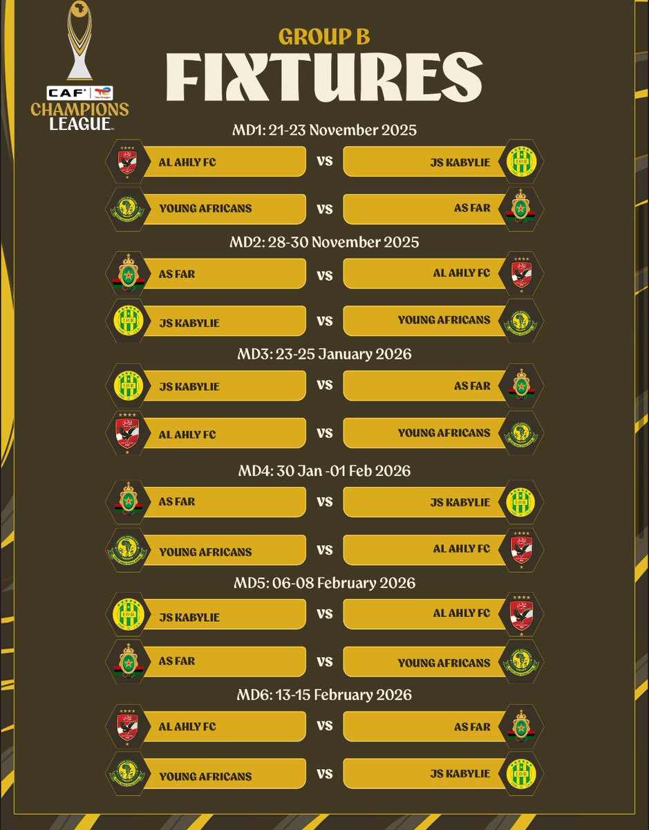 MickyJnr__'s tweet photo. 📅 2025/26 CAF Champions League – Group Stage Fixtures

Here are all the matches from Group A to Group D. 🔥

Good luck to all participating teams! 🍀⚽️

#CAFCL #CAFCLwithMicky https://t.co/g4i84LOjxZ