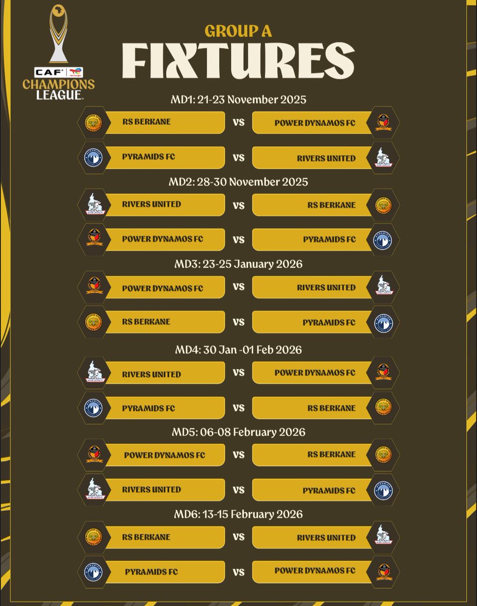 MickyJnr__'s tweet photo. 📅 2025/26 CAF Champions League – Group Stage Fixtures

Here are all the matches from Group A to Group D. 🔥

Good luck to all participating teams! 🍀⚽️

#CAFCL #CAFCLwithMicky https://t.co/g4i84LOjxZ