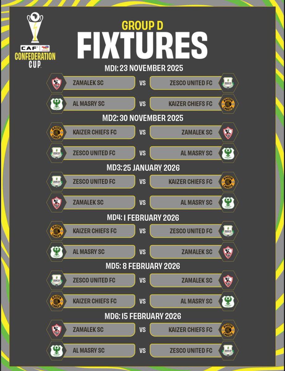 MickyJnr__'s tweet photo. 📅 2025/26 CAF Confederation Cup – Group Stage Fixtures

All fixtures from Group A to Group D are set! 🔥

Wishing the best of luck to every team in this year’s campaign. 🍀⚽️

#CAFCC #CAFCCwithMicky https://t.co/AiDeMR62RU