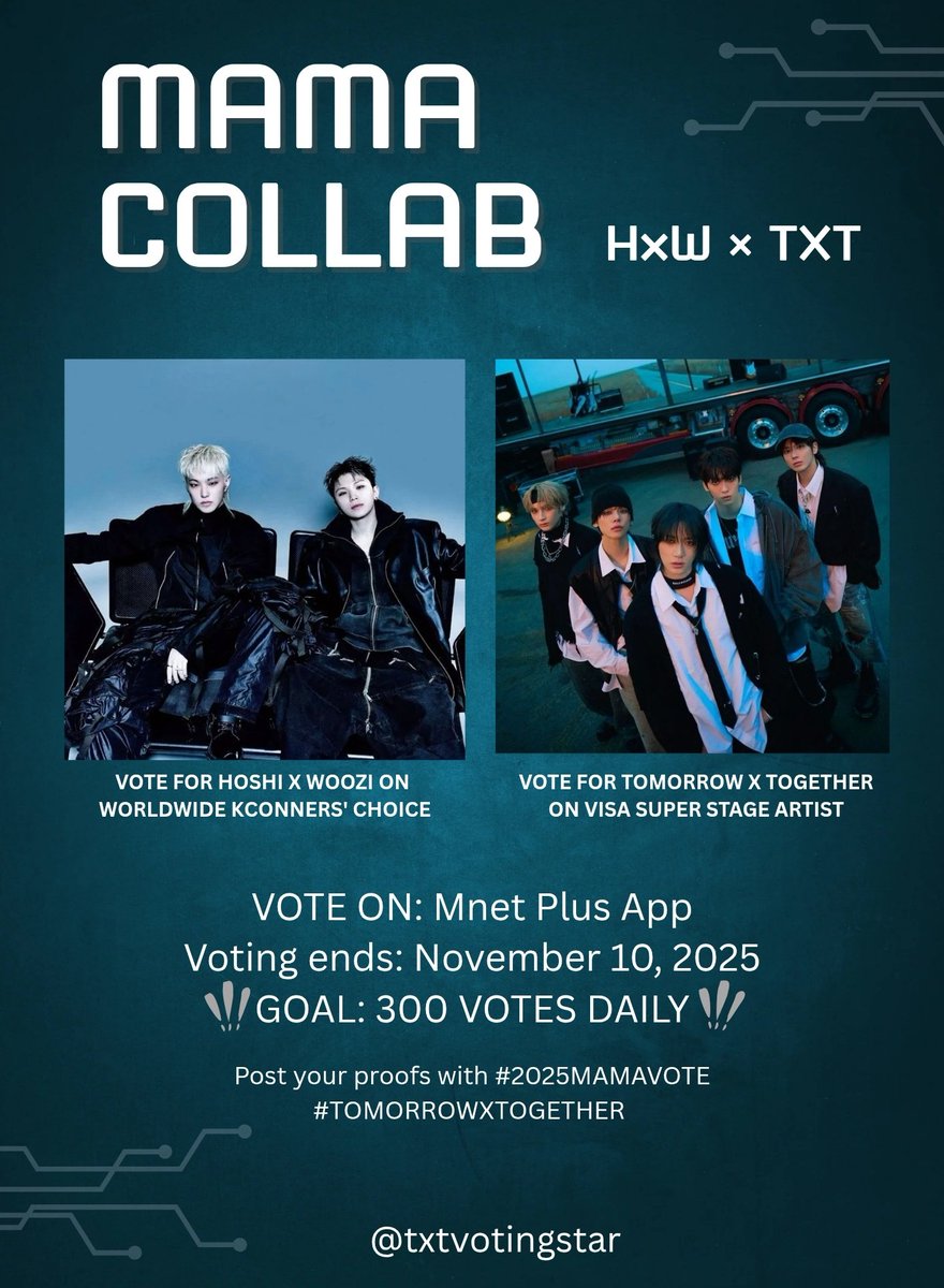 MAMA COLLAB!! 
<a href="/hwgsupport/">HWG</a> × <a href="/txtvotingstar/">TXTVOTINGSTAR</a> 

APP: Mnet Plus
LINKS: 
[HxW] mnetplus.onelink.me/TRa8/qgppxw4k?…

[TXT] mnetplus.onelink.me/TRa8/xohkwx0b?…

DRIVE: drive.google.com/drive/folders/…

Drop your HxW voting proofs in comments with #TOMORROWXTOGETHER #2025MAMAVOTE or in drive!!