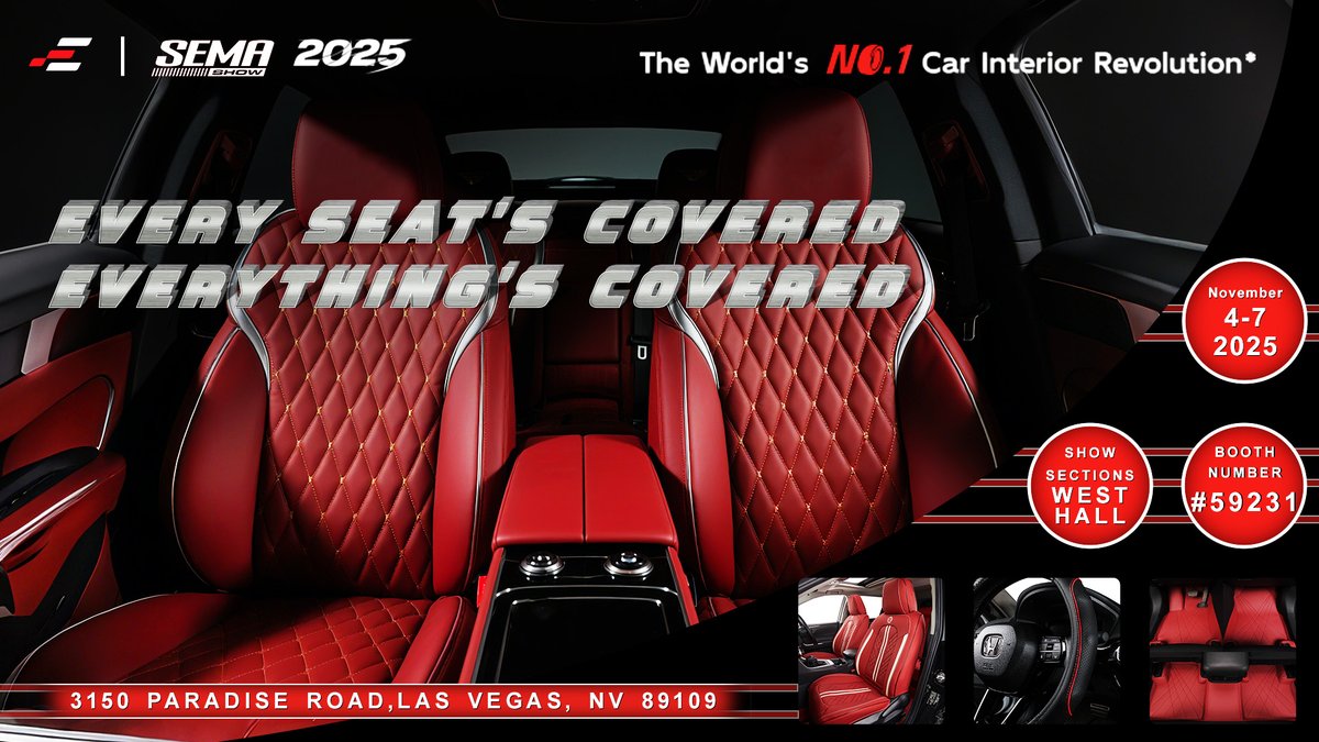 ekrcover's tweet photo. EKR｜SEMA 2025 Starts Now — Full-Cabin Custom-Fit, West Hall #59231

Day 1. Step into the cabin and feel Ekr’s full-vehicle, custom-fit approach—designed per Make / Model / Year / Sub-trim for a factory-like look and feel. 

Dates: Nov 4–7 · West Hall · Booth #59231 Venue: 3150 Paradise Road, Las Vegas, NV 89109 #EKR #SEMA2025 #SEMAShow #CustomFit #OEMlike #CarInterior #WestHall