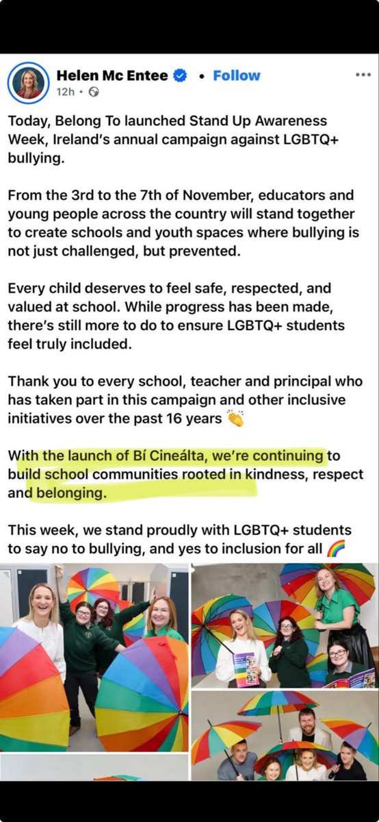 NiamhLanes's tweet image. With the launch of #BíCineálta you are actively discriminating against children who don’t believe your ideology. 

What an utterly tone deaf post!

Many parents, myself included, have told you and our schools that we will have nothing to do with that policy and you haven’t even