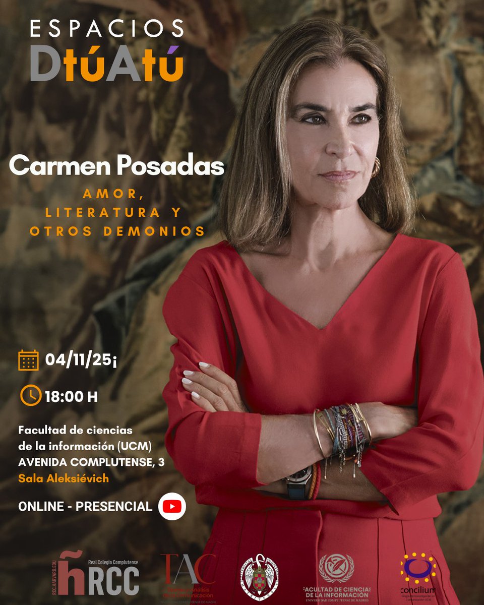 ¡HOY ES LA CITA! ✨

🗓 Hoy  ⏰ 18:00 h (Madrid)
📍Sala Aleksiévich en la <a href="/ucmccinf/">Facultad Ciencias Información</a> de la <a href="/uni/">UNI</a>.complutense @almudenabarrientos
🔗 Streaming: youtube.com/live/Dk3r70YxE…

📢Ven por la autora. Quédate por las respuestas que necesitas.

#EspaciosDtuAtu #CarmenPosadas #Literatura