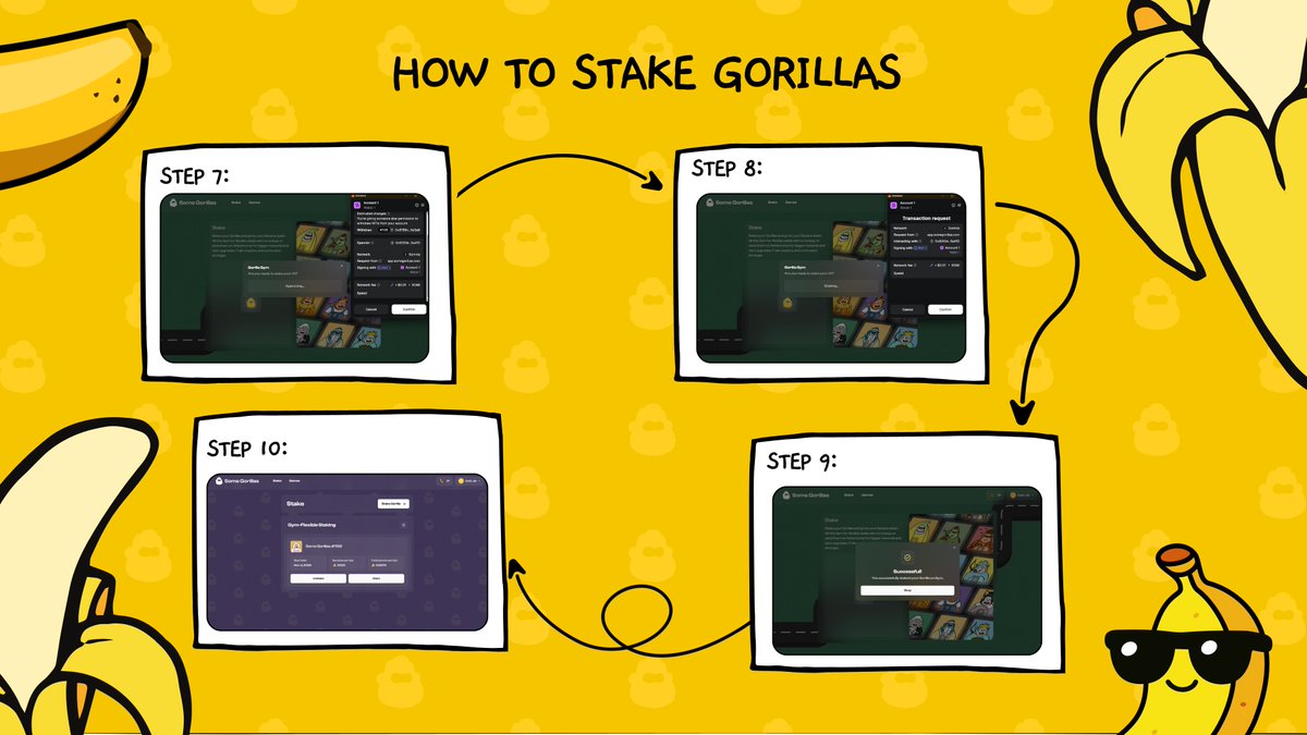 ・You may stake additional gorillas if desired. Each gorilla generates 2,200 $Banana tokens per 24-hour period.

・Please note that NFTs must be staked individually.

・Rewards may be claimed at any time. The staking section displays the status of each NFT, including accumulated