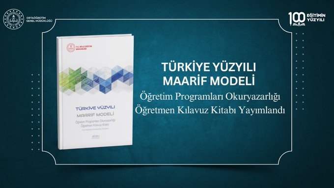 A book cover titled Türkiye Yüzyılı Maarif Modeli Öğretim Programı Okuryazarlığı featuring geometric abstract designs in green and blue on the cover with the text Öğretim Programı Okuryazarlığı and a logo of the Ministry of National Education at the bottom right, framed in a blue border with a 100th year emblem.