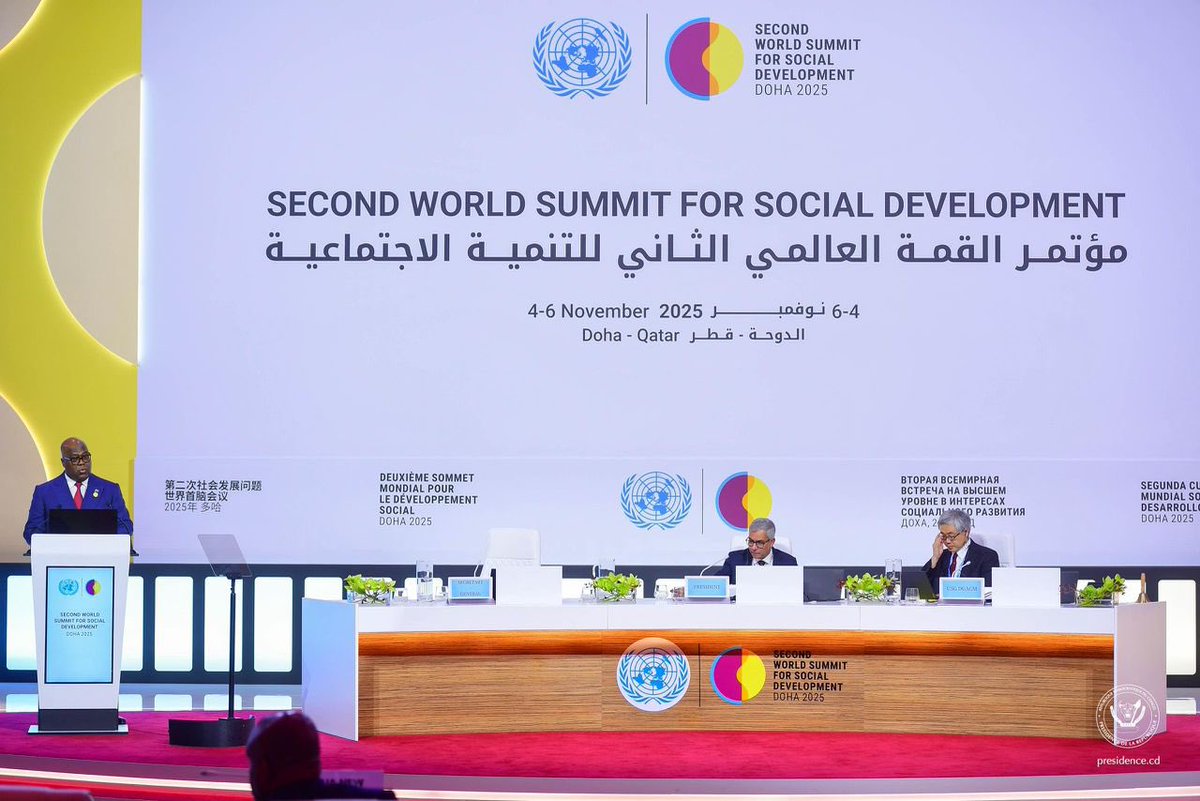Ce mardi 04 novembre, le Président de la République Félix Antoine Tshisekedi Tshilombo s’est exprimé du haut de la tribune du Centre national des congrès du Qatar, à l’occasion de l’ouverture du Deuxième sommet mondial pour le développement social, un événement organisé par les