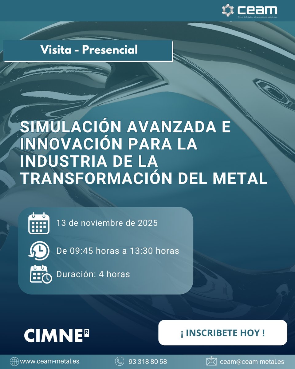 📅 13.11.25 – Visita técnica al <a href="/cimne/">CIMNE</a>  organizada por #CEAM
📍 Campus Nord UPC
¡Incluye experiencia VR para formación!
Más info: zurl.co/EjV88   

#Industria50 #SimulaciónIndustrial #RealidadVirtual